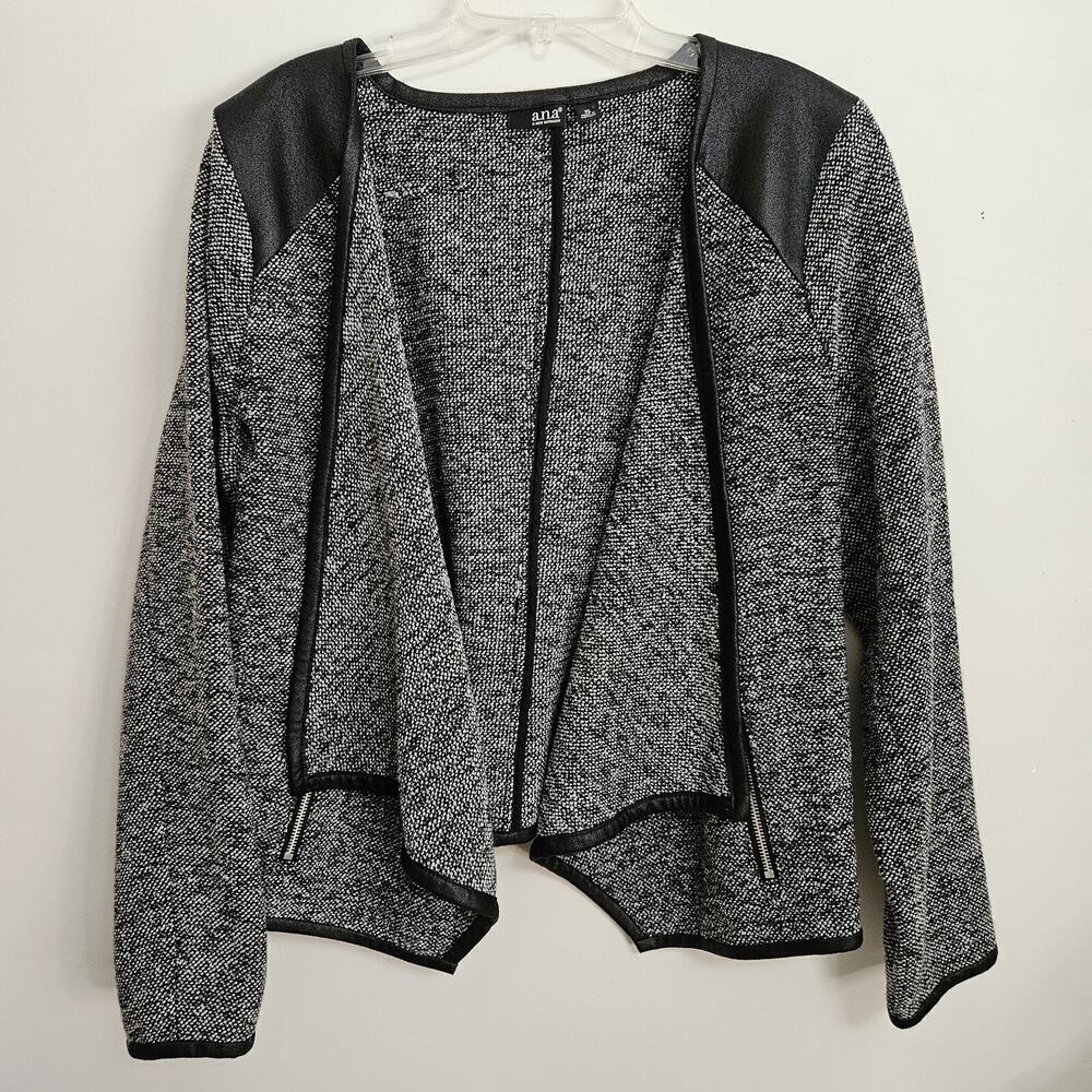 a.n.a. Open Front Moto Tweed Jacket Black White Woven Zippered Pockets XL